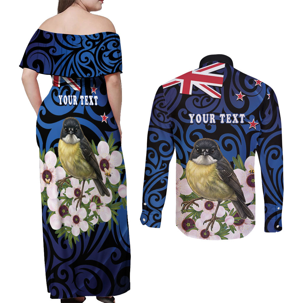 Tomtit New Zealand Personalised Couples Matching Off Shoulder Maxi Dress and Long Sleeve Button Shirt Miromiro Manuka Flower Maori Pattern LT22 - Polynesian Pride