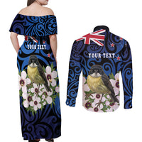 Tomtit New Zealand Personalised Couples Matching Off Shoulder Maxi Dress and Long Sleeve Button Shirt Miromiro Manuka Flower Maori Pattern LT22 - Polynesian Pride