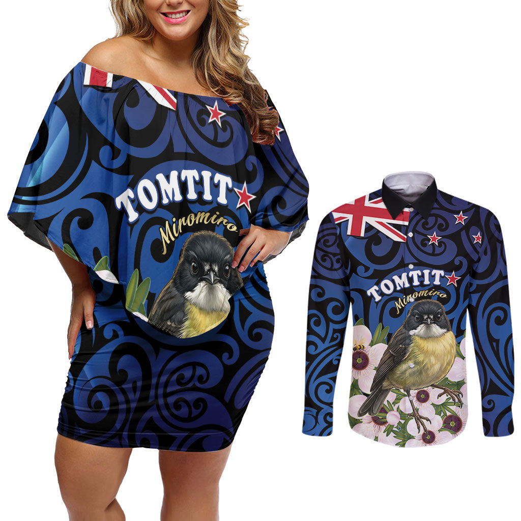 Tomtit New Zealand Personalised Couples Matching Off Shoulder Short Dress and Long Sleeve Button Shirt Miromiro Manuka Flower Maori Pattern LT22 Blue - Polynesian Pride