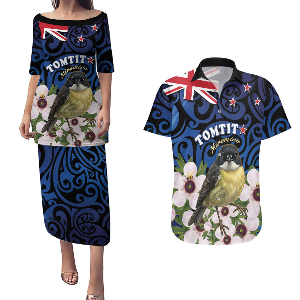 Tomtit New Zealand Personalised Couples Matching Puletasi and Hawaiian Shirt Miromiro Manuka Flower Maori Pattern