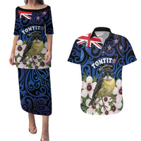 Tomtit New Zealand Personalised Couples Matching Puletasi and Hawaiian Shirt Miromiro Manuka Flower Maori Pattern LT22 Blue - Polynesian Pride