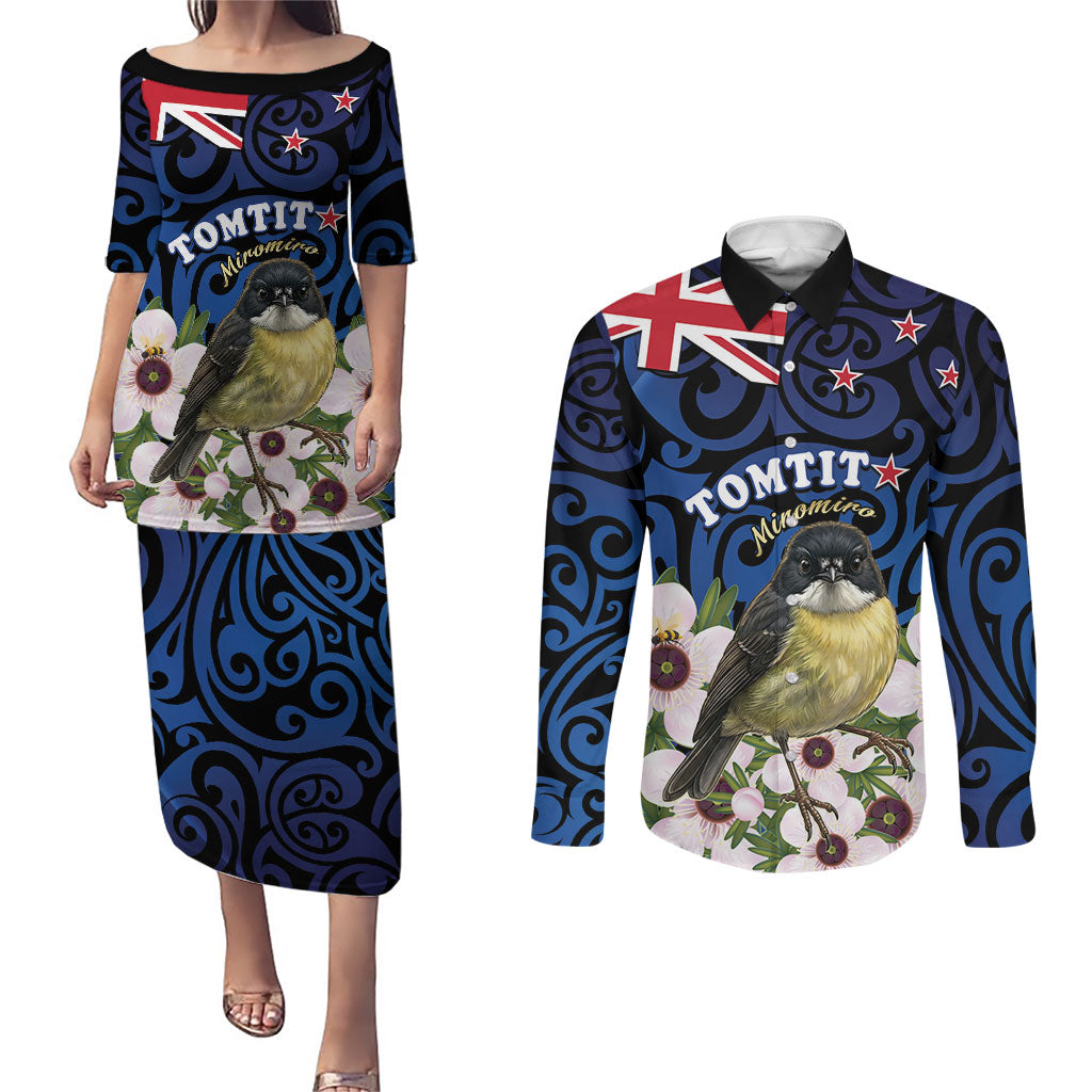 Tomtit New Zealand Personalised Couples Matching Puletasi and Long Sleeve Button Shirt Miromiro Manuka Flower Maori Pattern LT22 Blue - Polynesian Pride
