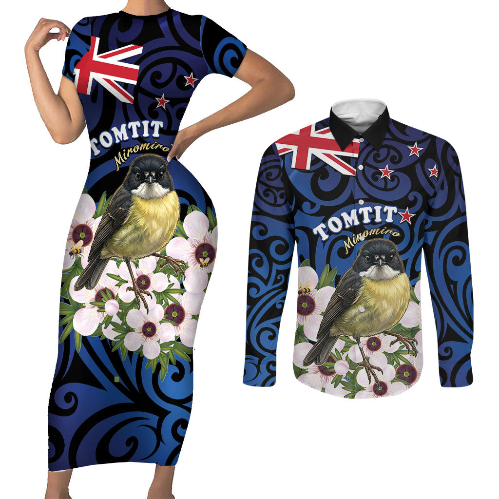 Tomtit New Zealand Personalised Couples Matching Short Sleeve Bodycon Dress and Long Sleeve Button Shirt Miromiro Manuka Flower Maori Pattern LT22 Blue - Polynesian Pride