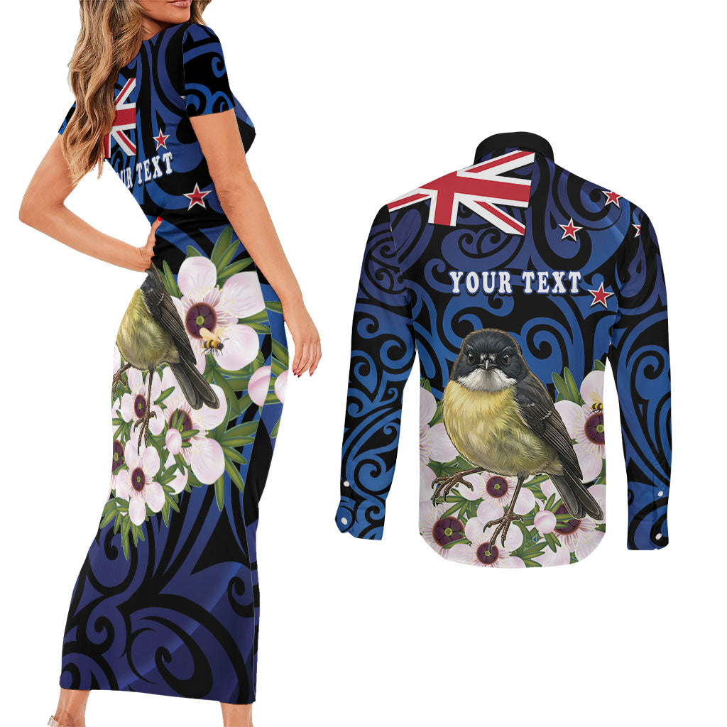 Tomtit New Zealand Personalised Couples Matching Short Sleeve Bodycon Dress and Long Sleeve Button Shirt Miromiro Manuka Flower Maori Pattern LT22 - Polynesian Pride