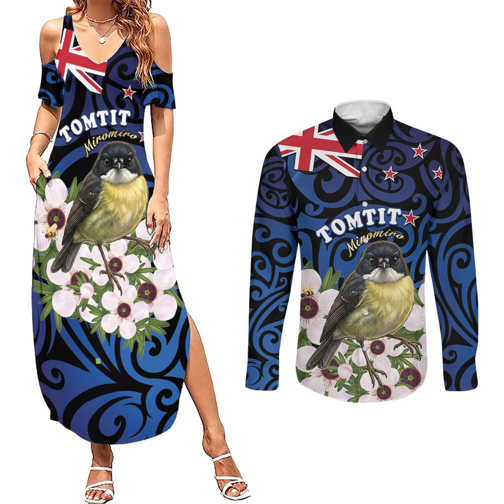 Tomtit New Zealand Personalised Couples Matching Summer Maxi Dress and Long Sleeve Button Shirt Miromiro Manuka Flower Maori Pattern LT22 Blue - Polynesian Pride