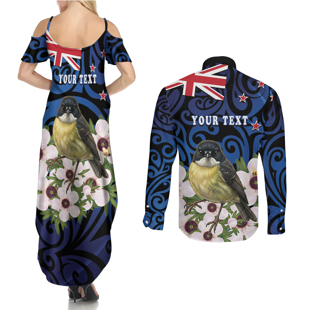 Tomtit New Zealand Personalised Couples Matching Summer Maxi Dress and Long Sleeve Button Shirt Miromiro Manuka Flower Maori Pattern LT22 - Polynesian Pride