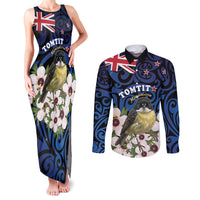 Tomtit New Zealand Personalised Couples Matching Tank Maxi Dress and Long Sleeve Button Shirt Miromiro Manuka Flower Maori Pattern LT22 Blue - Polynesian Pride