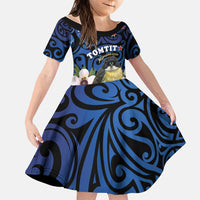 Tomtit New Zealand Personalised Family Matching Off The Shoulder Long Sleeve Dress and Hawaiian Shirt Miromiro Manuka Flower Maori Pattern LT22 Daughter's Dress Blue - Polynesian Pride