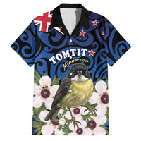 Tomtit New Zealand Personalised Family Matching Off Shoulder Maxi Dress and Hawaiian Shirt Miromiro Manuka Flower Maori Pattern LT22 Dad's Shirt - Short Sleeve Blue - Polynesian Pride