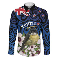 Tomtit New Zealand Personalised Family Matching Off Shoulder Maxi Dress and Hawaiian Shirt Miromiro Manuka Flower Maori Pattern LT22 Dad's Shirt - Long Sleeve Blue - Polynesian Pride