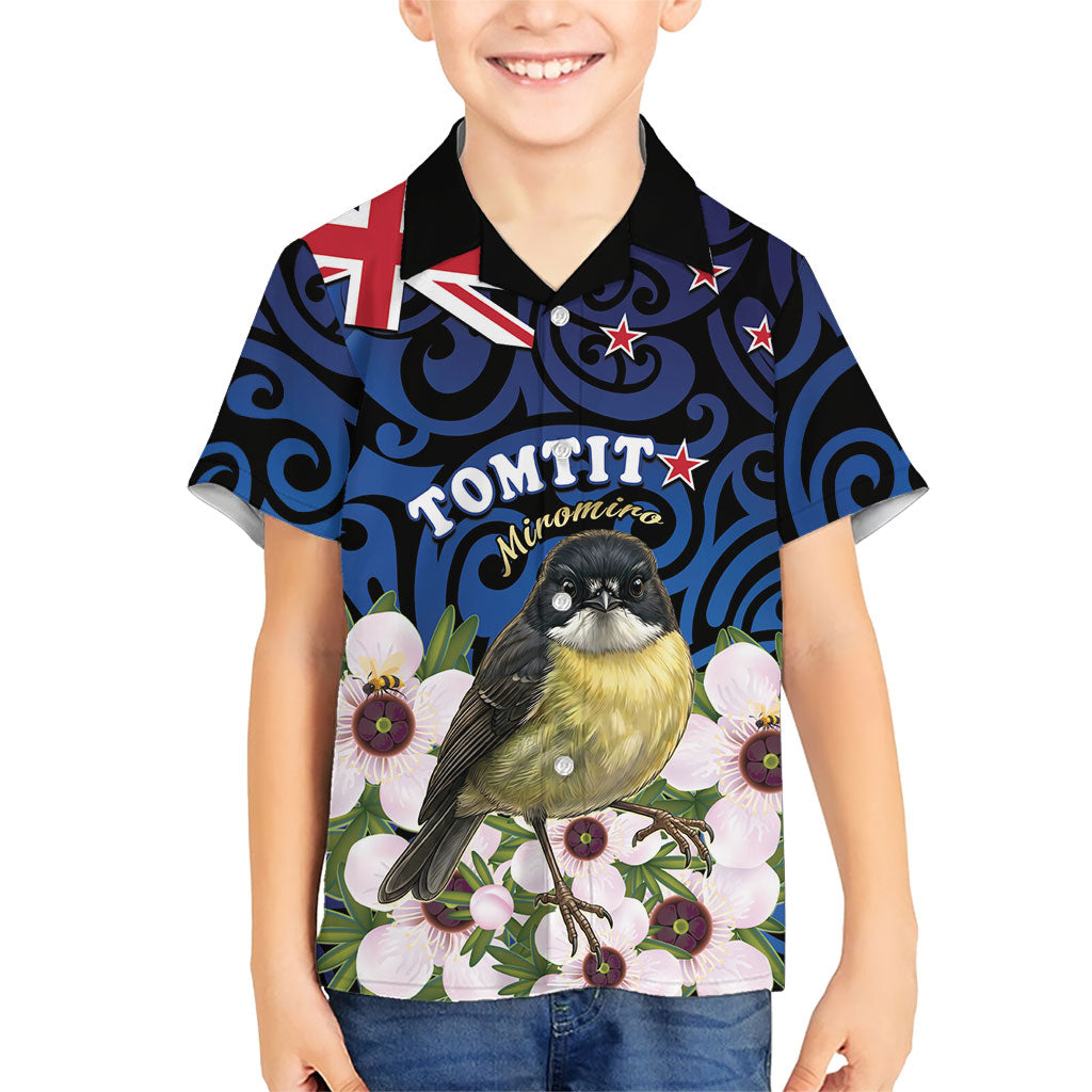 Tomtit New Zealand Personalised Family Matching Short Sleeve Bodycon Dress and Hawaiian Shirt Miromiro Manuka Flower Maori Pattern LT22 Son's Shirt Blue - Polynesian Pride