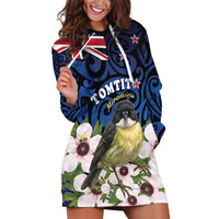 Tomtit New Zealand Personalised Hoodie Dress Miromiro Manuka Flower Maori Pattern LT22 Blue - Polynesian Pride