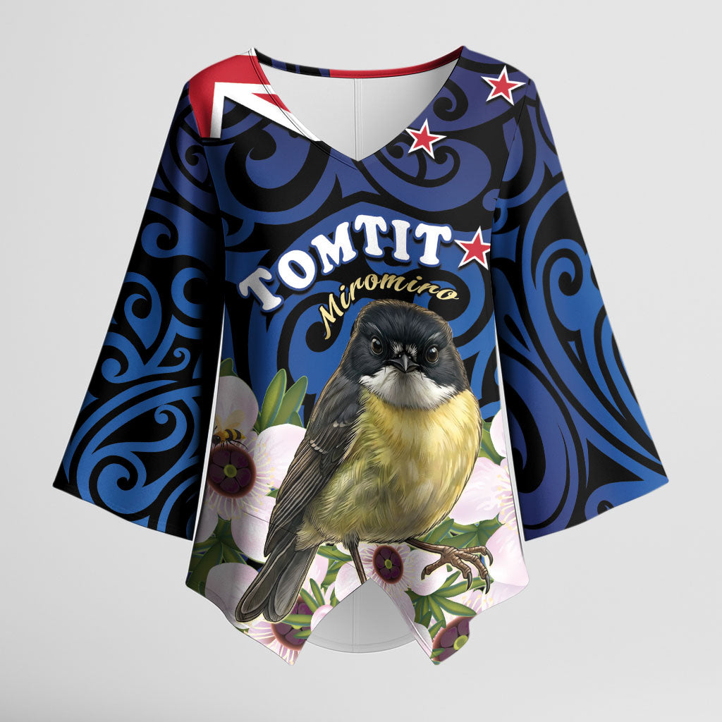 Tomtit New Zealand Personalised Kimono Sleeve Blouse Miromiro Manuka Flower Maori Pattern LT22 Female Blue - Polynesian Pride