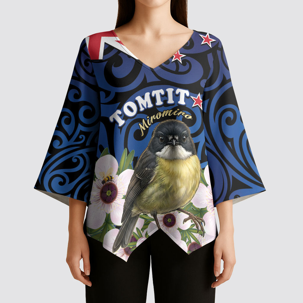 Tomtit New Zealand Personalised Kimono Sleeve Blouse Miromiro Manuka Flower Maori Pattern LT22 - Polynesian Pride