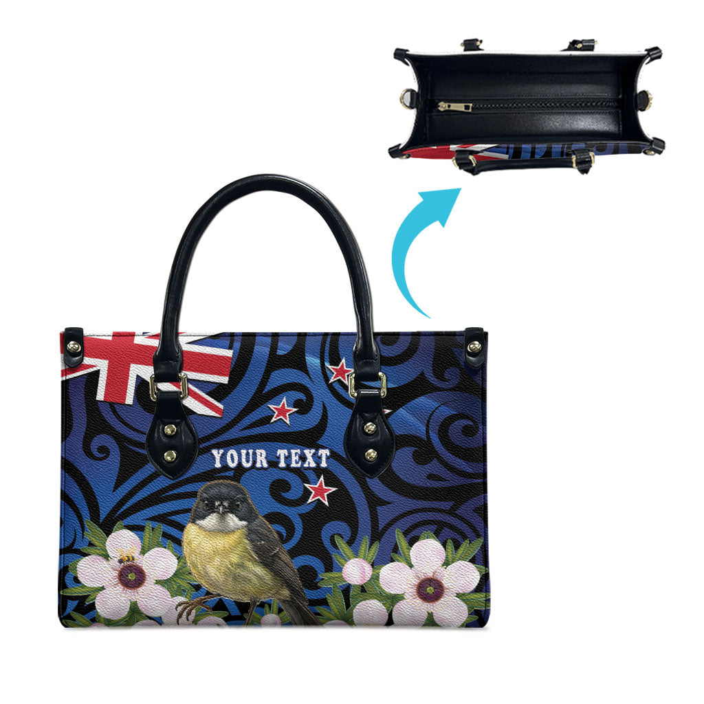 Tomtit New Zealand Personalised Leather Bag Miromiro Manuka Flower Maori Pattern