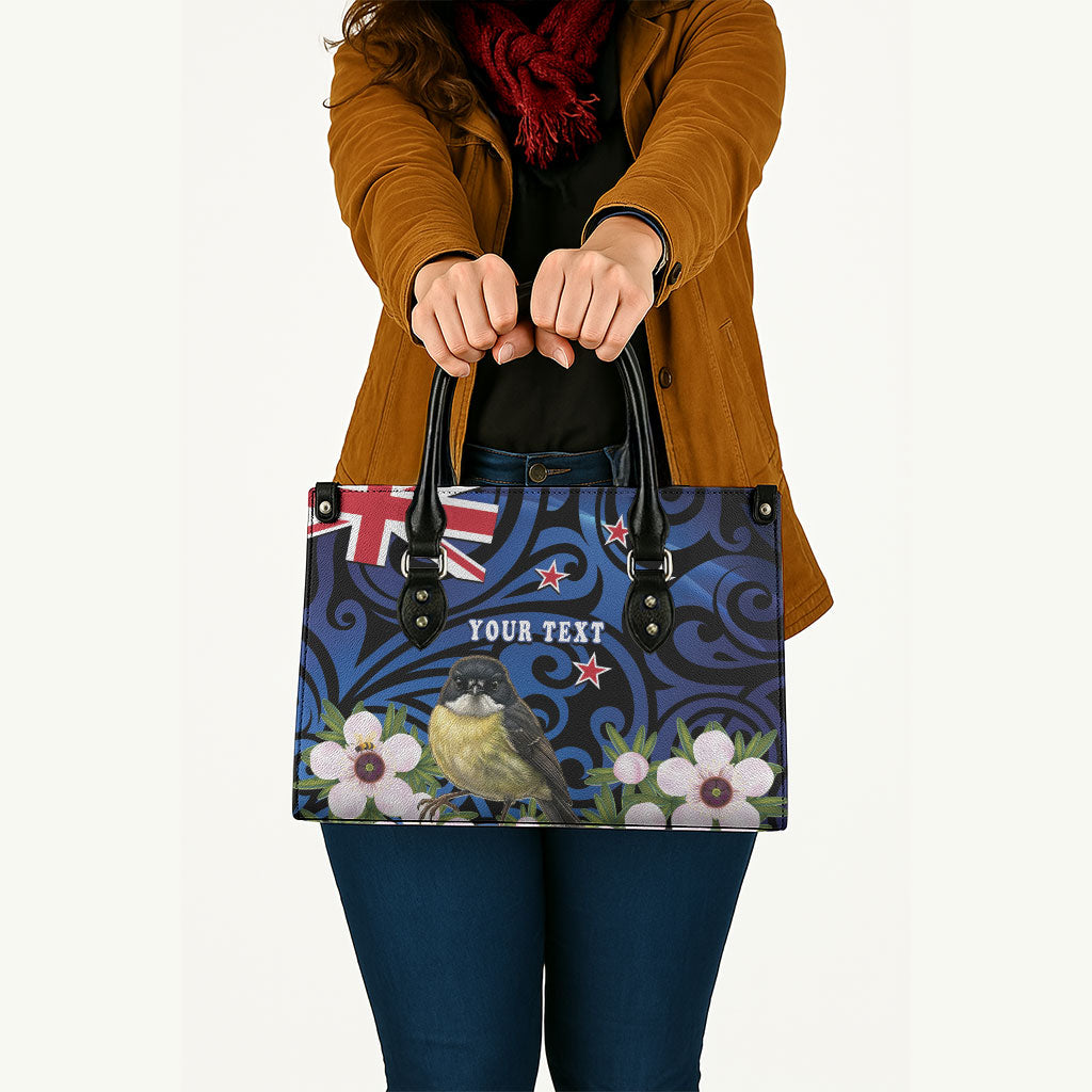 Tomtit New Zealand Personalised Leather Bag Miromiro Manuka Flower Maori Pattern