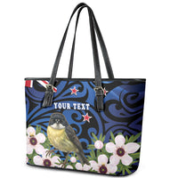 Tomtit New Zealand Personalised Leather Tote Bag Miromiro Manuka Flower Maori Pattern