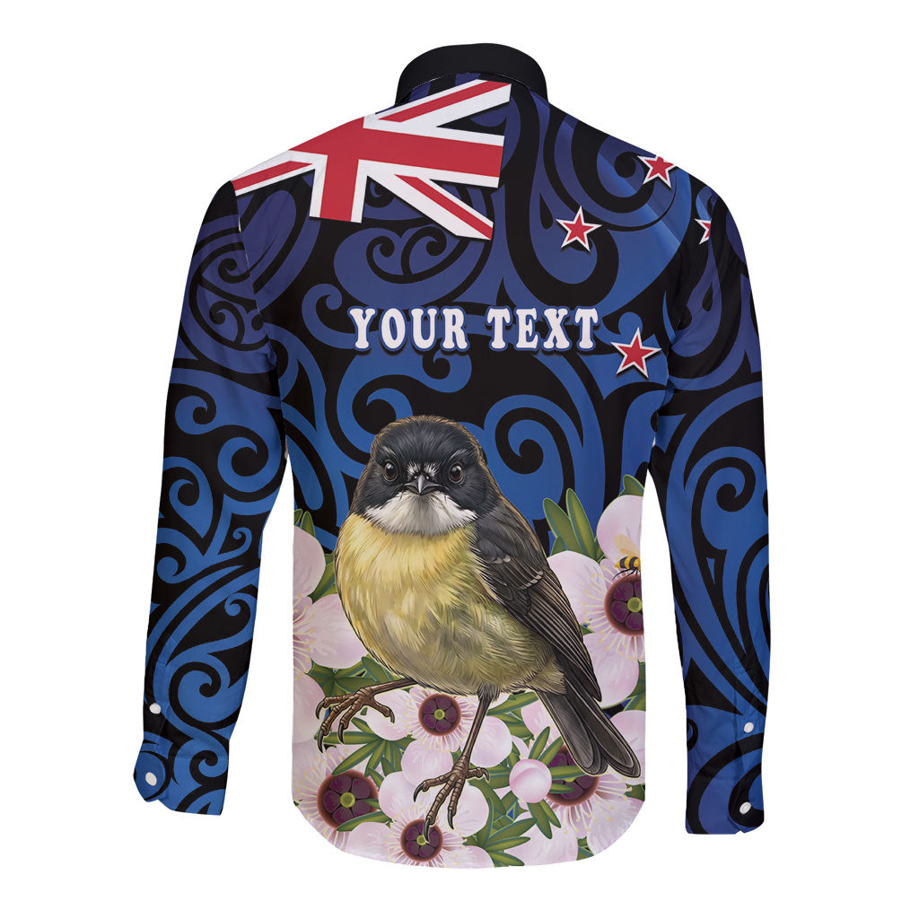 Tomtit New Zealand Personalised Long Sleeve Button Shirt Miromiro Manuka Flower Maori Pattern