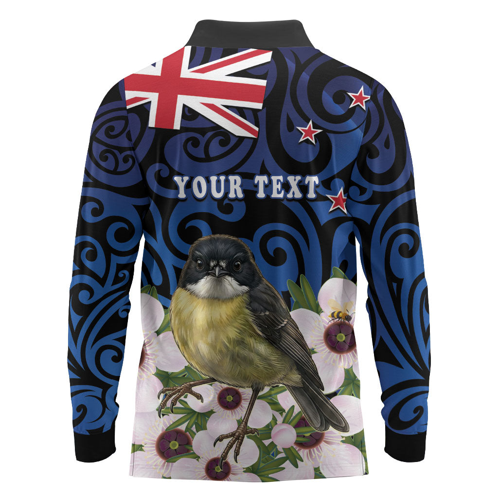 Tomtit New Zealand Personalised Long Sleeve Polo Shirt Miromiro Manuka Flower Maori Pattern