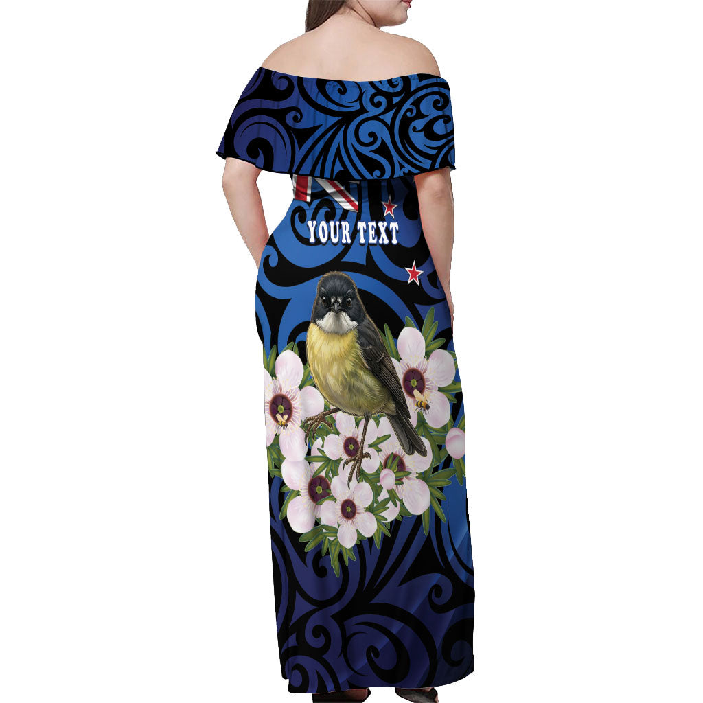 Tomtit New Zealand Personalised Off Shoulder Maxi Dress Miromiro Manuka Flower Maori Pattern