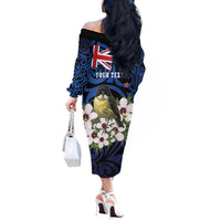 Tomtit New Zealand Personalised Off The Shoulder Long Sleeve Dress Miromiro Manuka Flower Maori Pattern LT22 - Polynesian Pride