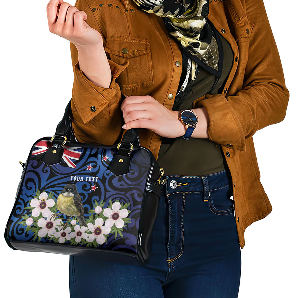 Tomtit New Zealand Personalised Shoulder Handbag Miromiro Manuka Flower Maori Pattern