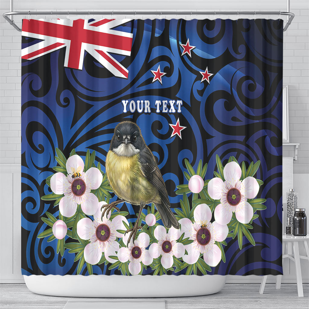 Tomtit New Zealand Personalised Shower Curtain Miromiro Manuka Flower Maori Pattern