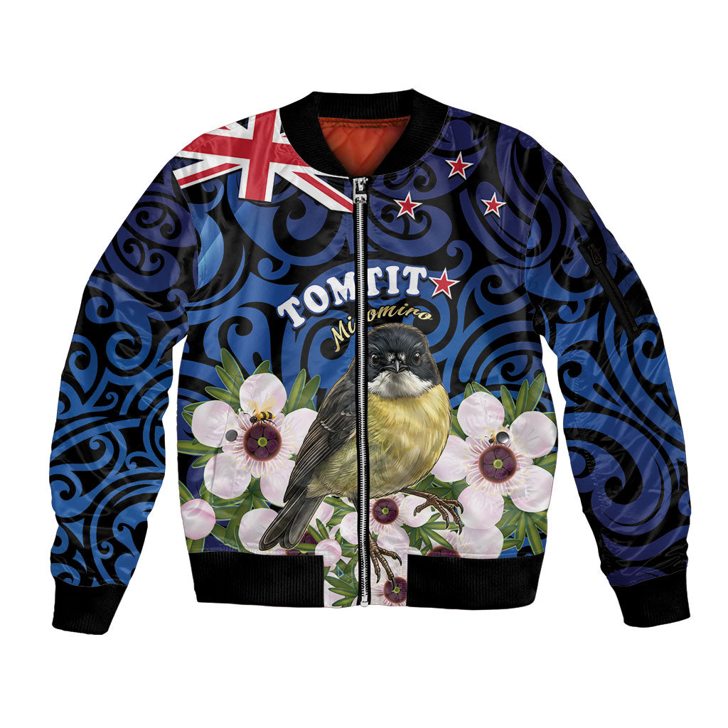 Tomtit New Zealand Personalised Sleeve Zip Bomber Jacket Miromiro Manuka Flower Maori Pattern