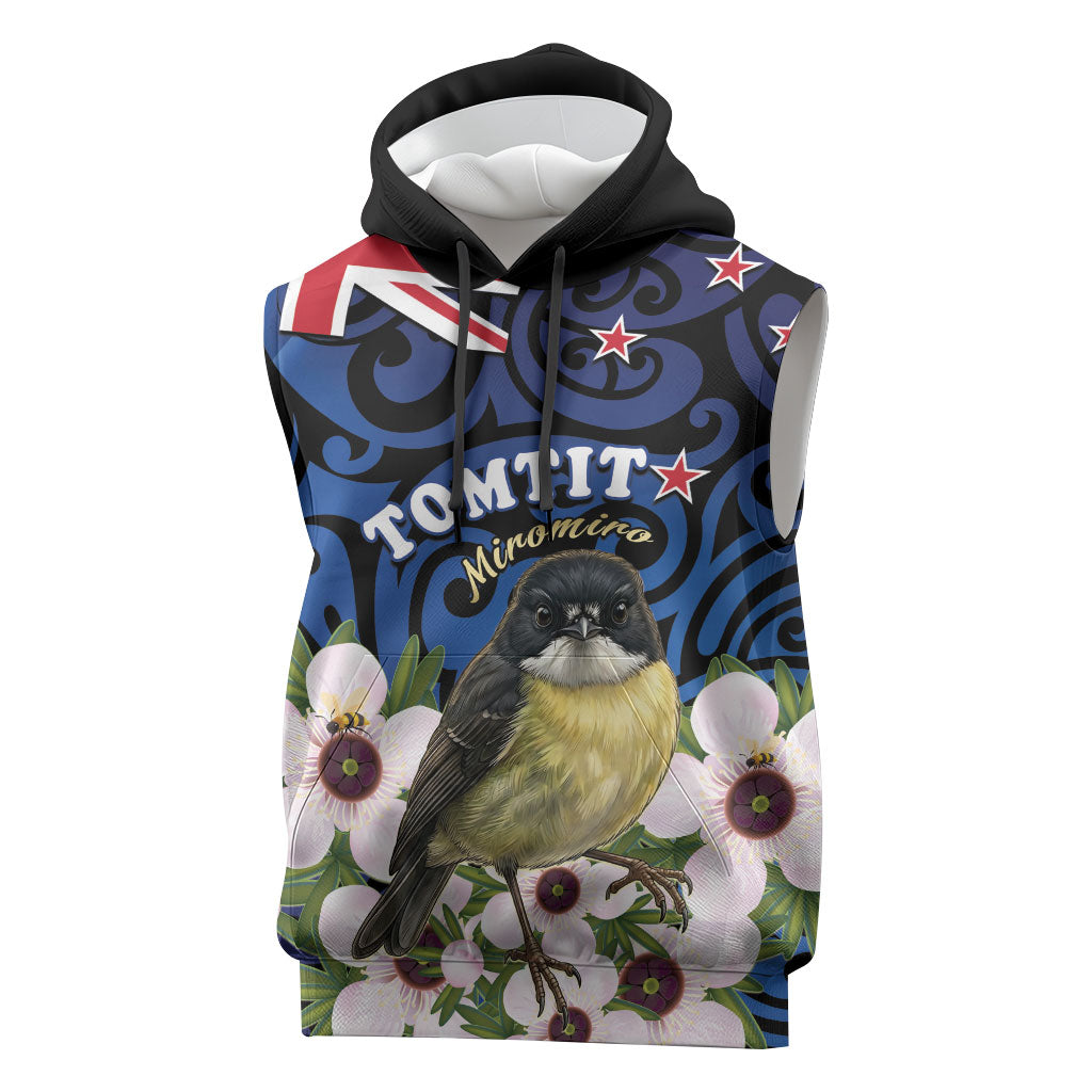 Tomtit New Zealand Personalised Sleeveless Hoodie Miromiro Manuka Flower Maori Pattern