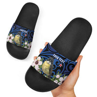 Tomtit New Zealand Personalised Slide Sandals Miromiro Manuka Flower Maori Pattern