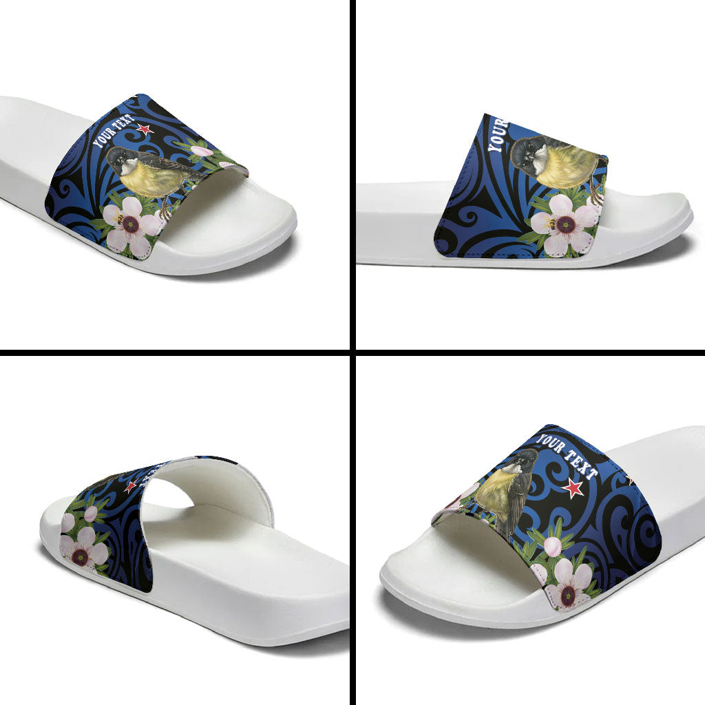 Tomtit New Zealand Personalised Slide Sandals Miromiro Manuka Flower Maori Pattern