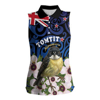 Tomtit New Zealand Personalised Women Sleeveless Polo Shirt Miromiro Manuka Flower Maori Pattern LT22 Female Blue - Polynesian Pride