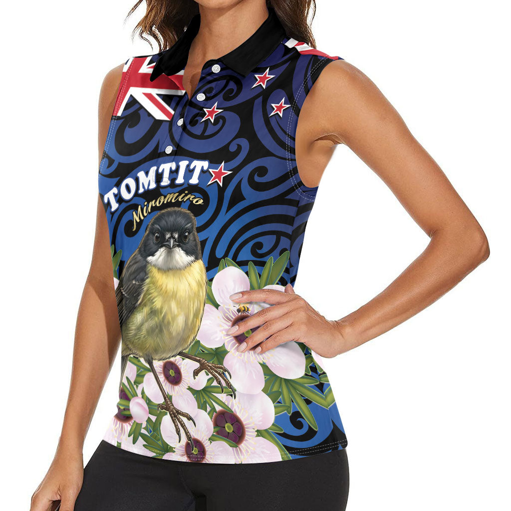 Tomtit New Zealand Personalised Women Sleeveless Polo Shirt Miromiro Manuka Flower Maori Pattern LT22 - Polynesian Pride