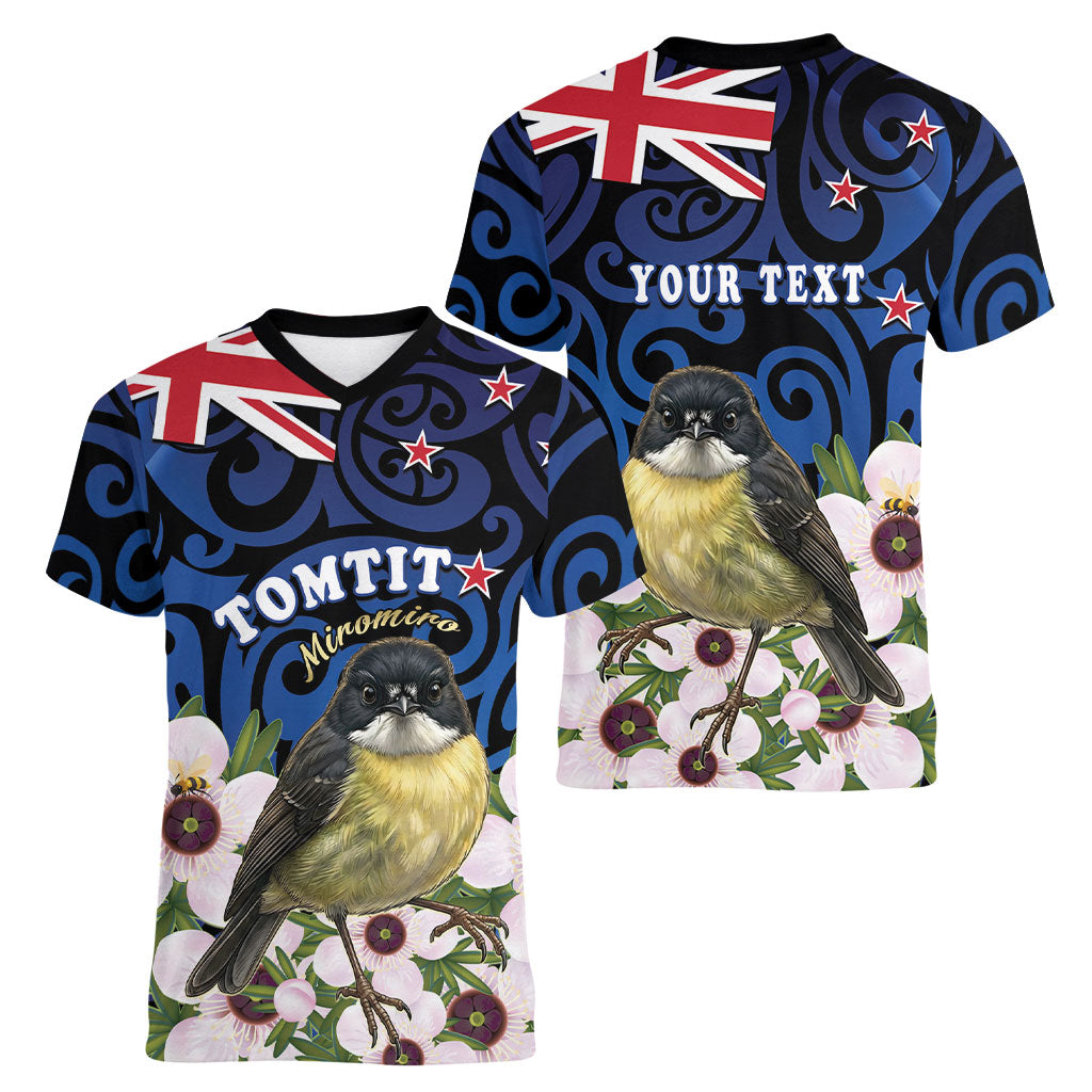 Tomtit New Zealand Personalised Women V-Neck T-Shirt Miromiro Manuka Flower Maori Pattern LT22 - Polynesian Pride