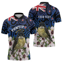 Tomtit New Zealand Personalised Zipper Polo Shirt Miromiro Manuka Flower Maori Pattern
