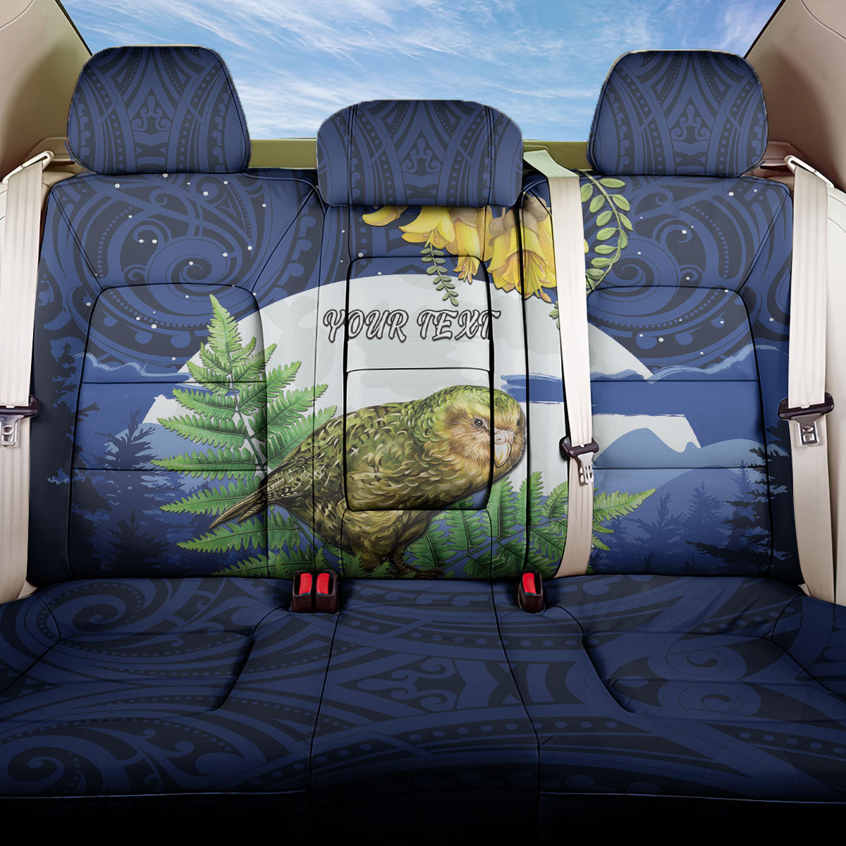 Kakapo New Zealand Personalised Back Car Seat Cover Kowhai Flower Silver Fern Maori Pattern LT22 One Size Blue - Polynesian Pride