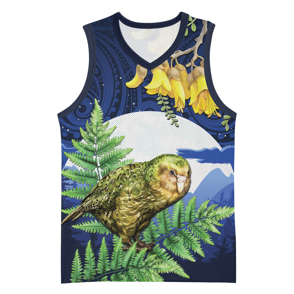 Kakapo New Zealand Personalised Basketball Jersey Kowhai Flower Silver Fern Maori Pattern LT22 Unisex Blue - Polynesian Pride