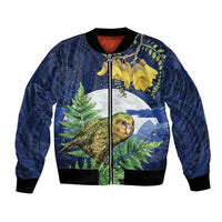 Kakapo New Zealand Personalised Bomber Jacket Kowhai Flower Silver Fern Maori Pattern LT22 Unisex Blue - Polynesian Pride