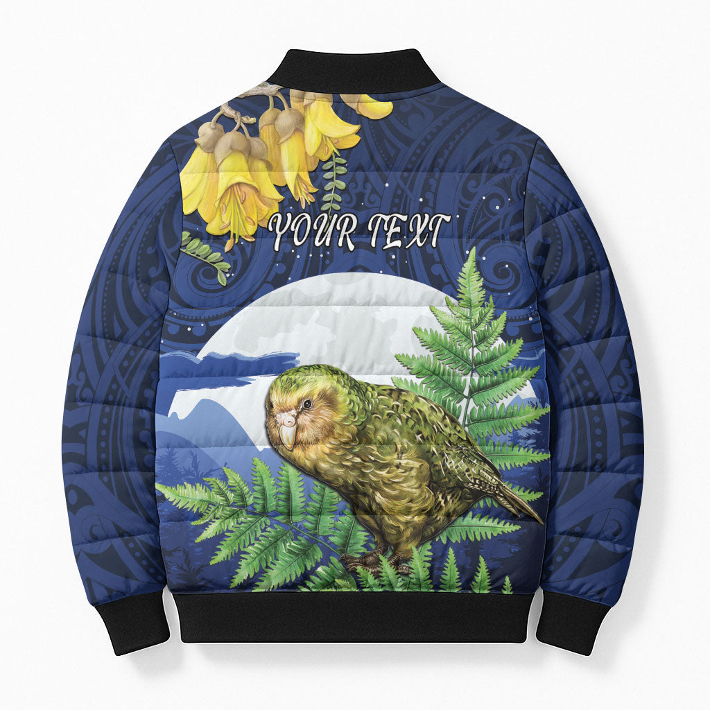Kakapo New Zealand Personalised Bomber Puffer Jacket Kowhai Flower Silver Fern Maori Pattern