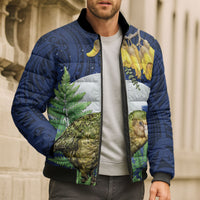 Kakapo New Zealand Personalised Bomber Puffer Jacket Kowhai Flower Silver Fern Maori Pattern