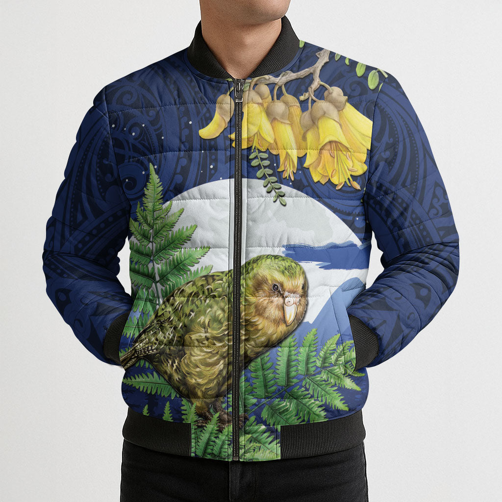 Kakapo New Zealand Personalised Bomber Puffer Jacket Kowhai Flower Silver Fern Maori Pattern