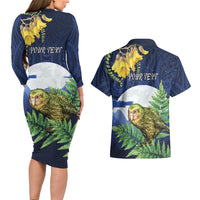 Kakapo New Zealand Personalised Couples Matching Long Sleeve Bodycon Dress and Hawaiian Shirt Kowhai Flower Silver Fern Maori Pattern LT22 - Polynesian Pride