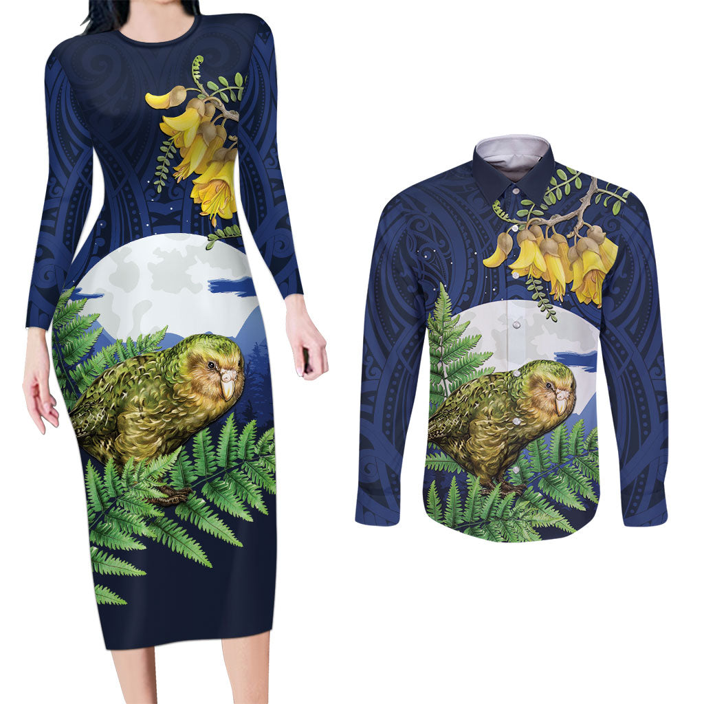 Kakapo New Zealand Personalised Couples Matching Long Sleeve Bodycon Dress and Long Sleeve Button Shirt Kowhai Flower Silver Fern Maori Pattern LT22 Blue - Polynesian Pride