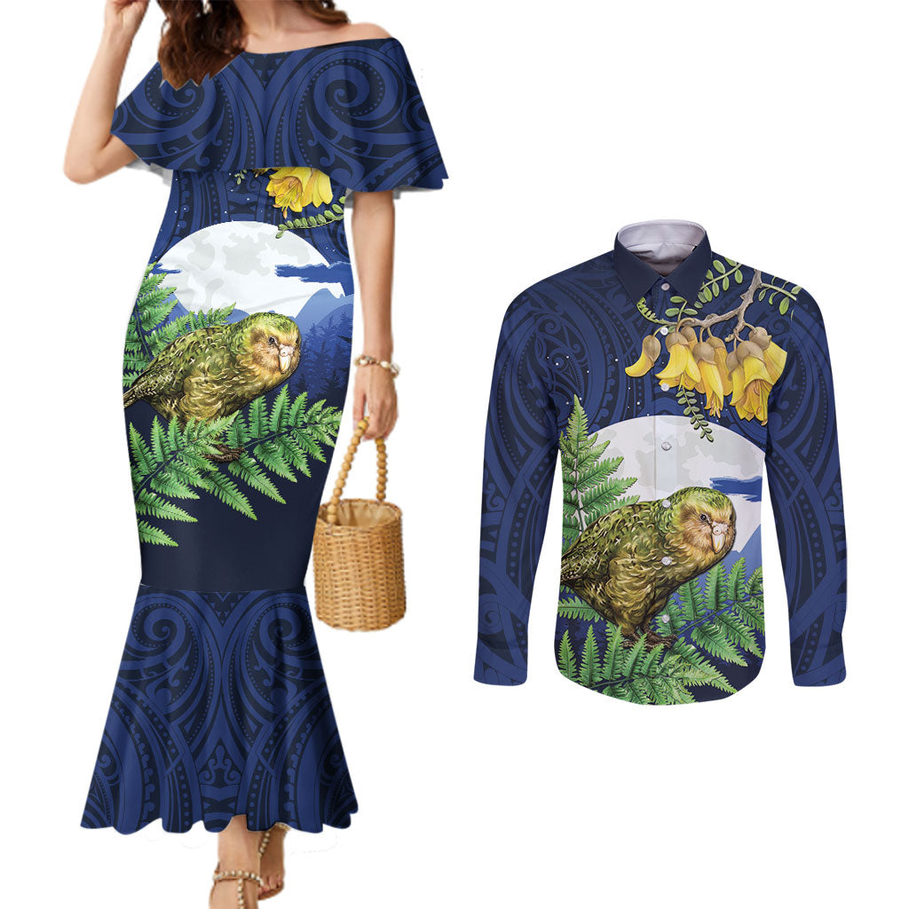 Kakapo New Zealand Personalised Couples Matching Mermaid Dress and Long Sleeve Button Shirt Kowhai Flower Silver Fern Maori Pattern LT22 Blue - Polynesian Pride