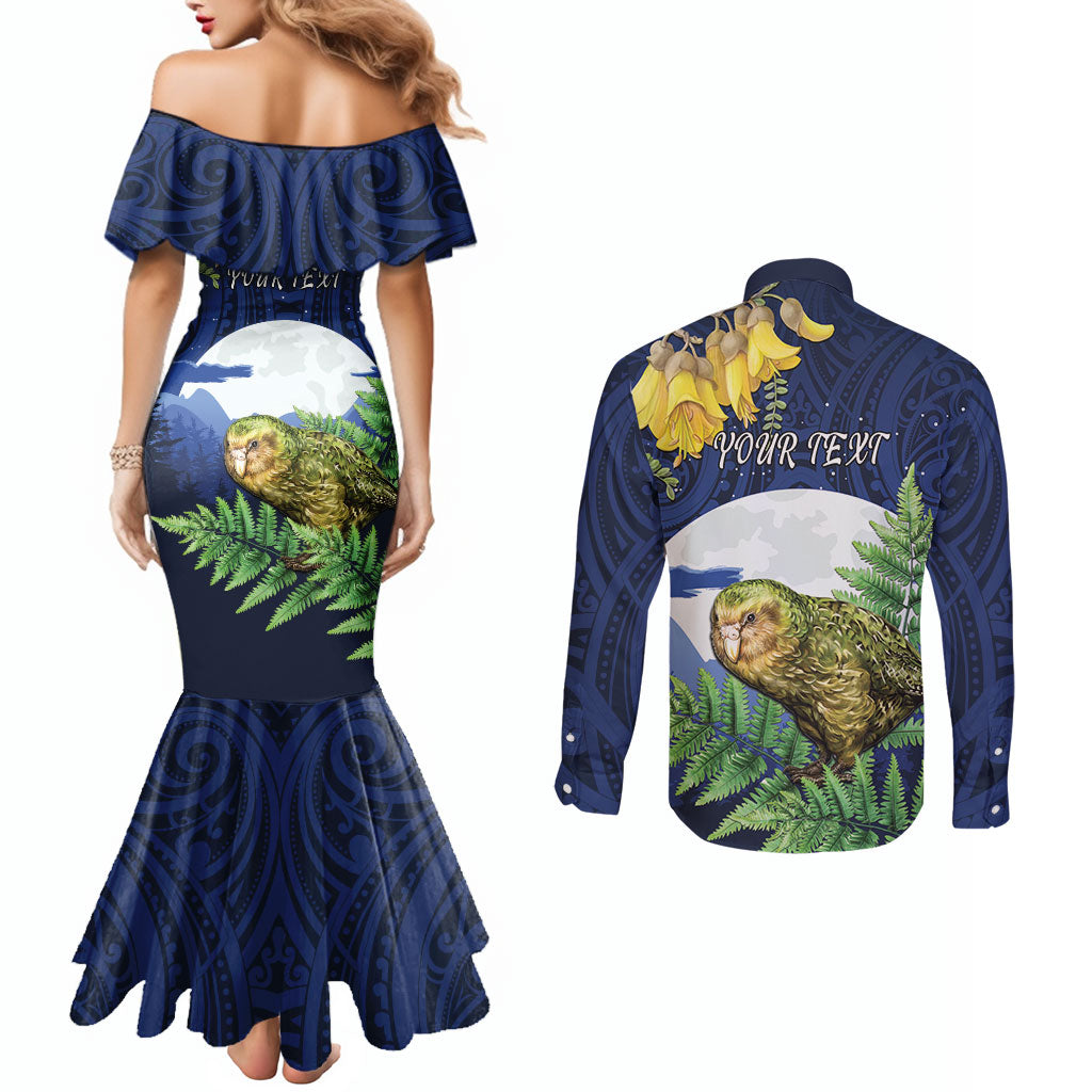 Kakapo New Zealand Personalised Couples Matching Mermaid Dress and Long Sleeve Button Shirt Kowhai Flower Silver Fern Maori Pattern LT22 - Polynesian Pride