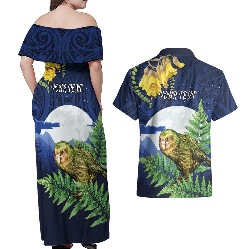 Kakapo New Zealand Personalised Couples Matching Off Shoulder Maxi Dress and Hawaiian Shirt Kowhai Flower Silver Fern Maori Pattern LT22 - Polynesian Pride