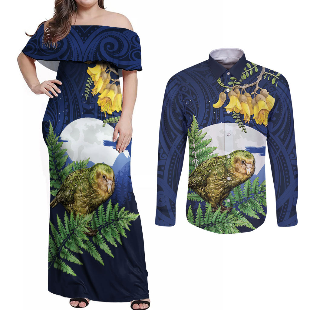 Kakapo New Zealand Personalised Couples Matching Off Shoulder Maxi Dress and Long Sleeve Button Shirt Kowhai Flower Silver Fern Maori Pattern LT22 Blue - Polynesian Pride