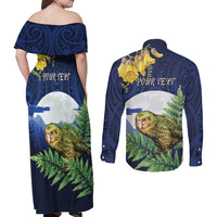 Kakapo New Zealand Personalised Couples Matching Off Shoulder Maxi Dress and Long Sleeve Button Shirt Kowhai Flower Silver Fern Maori Pattern LT22 - Polynesian Pride
