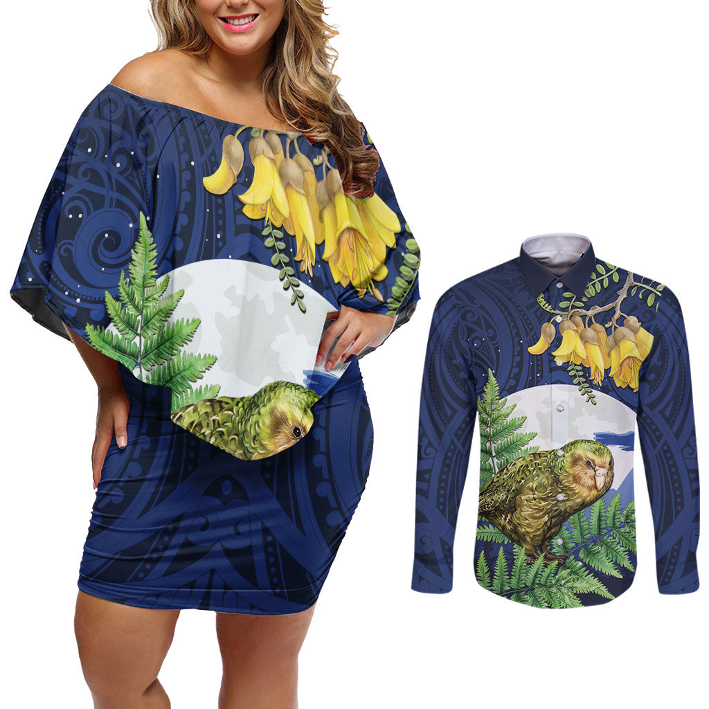 Kakapo New Zealand Personalised Couples Matching Off Shoulder Short Dress and Long Sleeve Button Shirt Kowhai Flower Silver Fern Maori Pattern LT22 Blue - Polynesian Pride