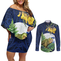 Kakapo New Zealand Personalised Couples Matching Off Shoulder Short Dress and Long Sleeve Button Shirt Kowhai Flower Silver Fern Maori Pattern LT22 Blue - Polynesian Pride